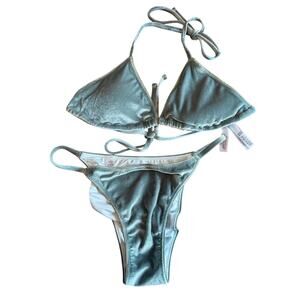 Victoria's Secret Swimsuit Green Velour Logo Bikini 2 Piece Small
